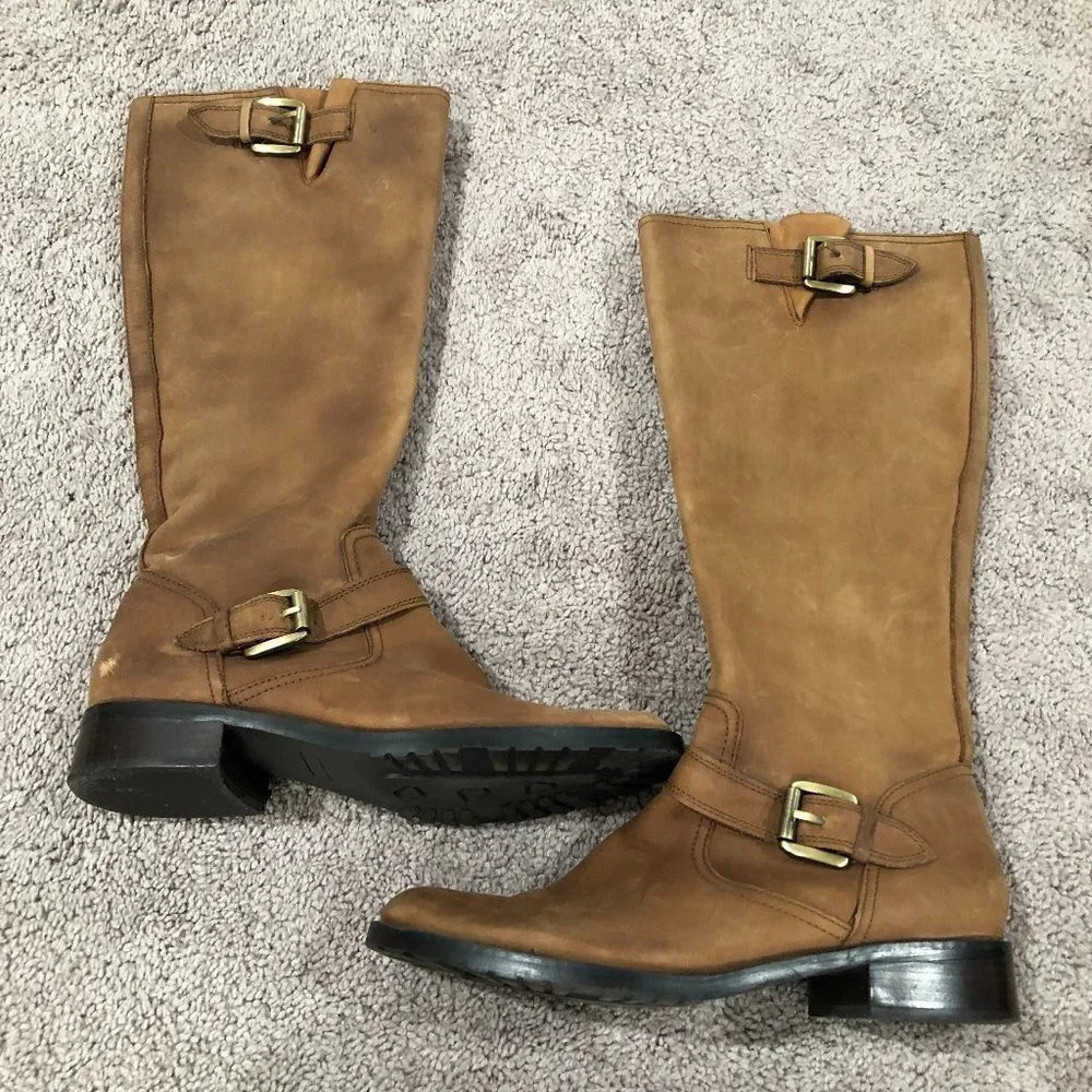 Eddie Bauer Tan Nubuck Leather Tall Riding Boots‎ with Buckle and Lug Sole